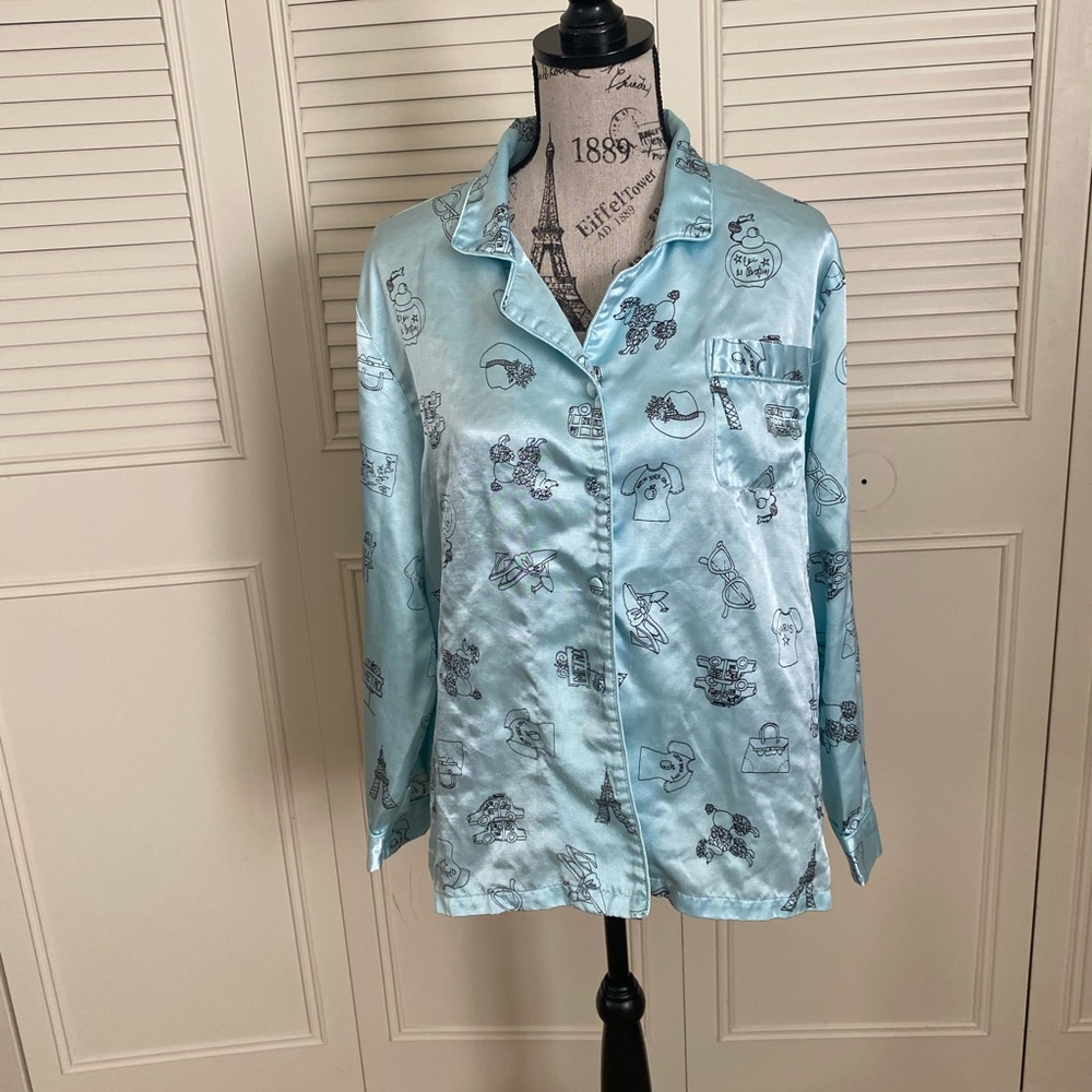 Robert Louis Parisian blue satin pajama top Paris poodle dog